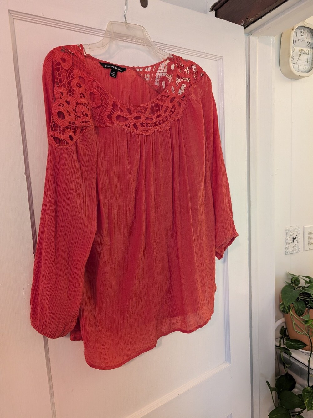 ZAC and Rachel Coral Crochet Yoke Peasant Top 1X